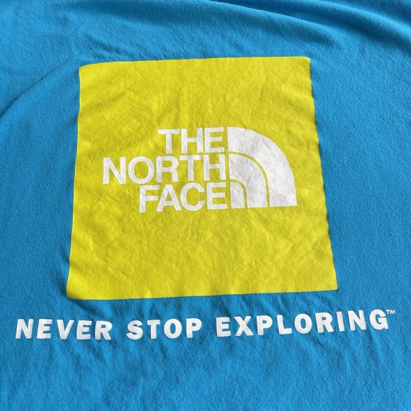 The North Face Shirt Men Large Blue Yellow Half Dome Logo Short Sleeve Exploring - Picture 4 of 10